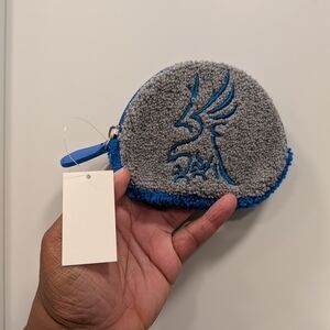 Gray and Blue Coin Purse with Embroidered Design